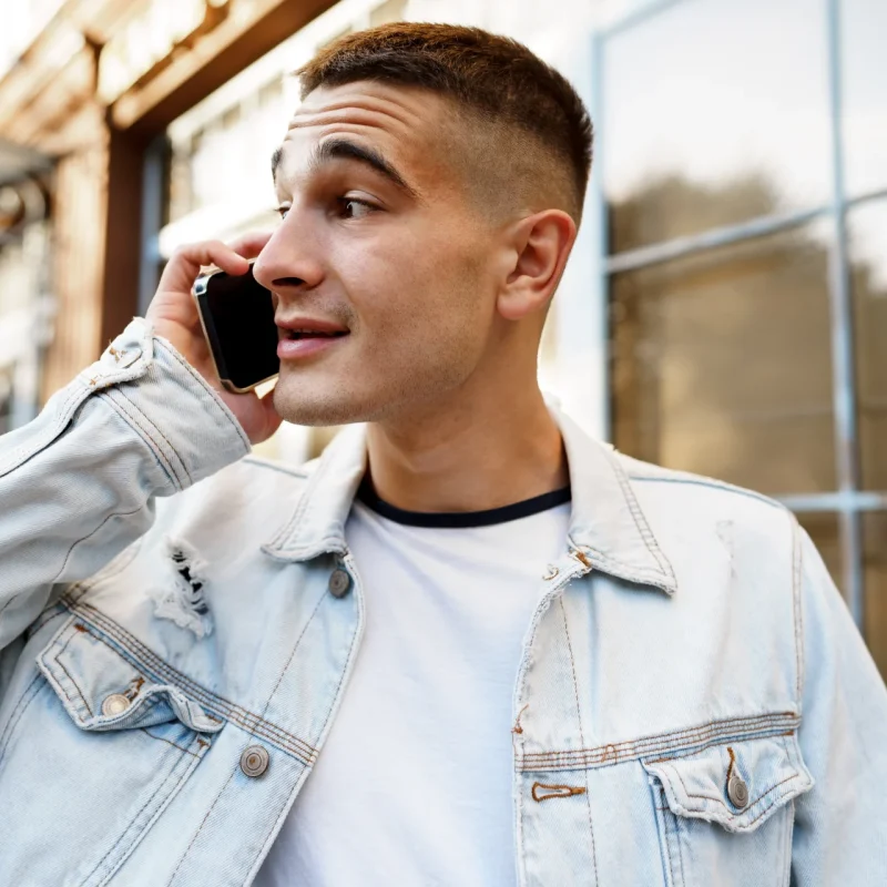 young casual man walking on the street and talking while calling a number in UK