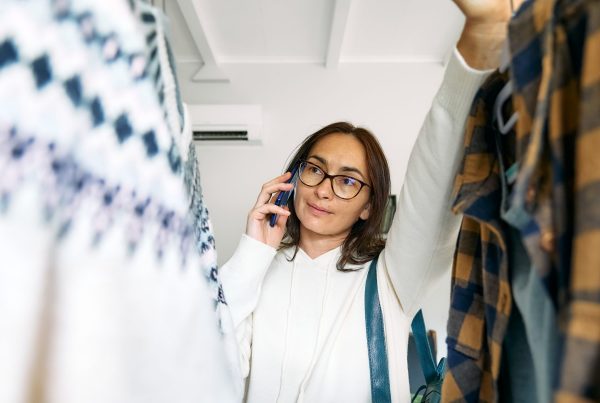 happy woman buying new clothes in store knitted, holding a phone while calling an 0300 number on Sky Talk