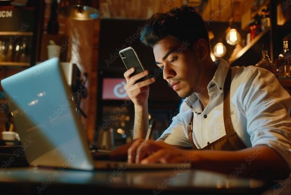 The image shows a young man working at a desk in a cozy, dimly-lit environment, possibly a café or a small workspace. He is wearing a white shirt and a brown apron, indicating that he may work in a hospitality or creative field. The man is holding a phone in one hand while typing on his laptop with the other, suggesting that he may be multitasking or focusing on different tasks. The background features warm lighting, creating a relaxed, productive atmosphere.