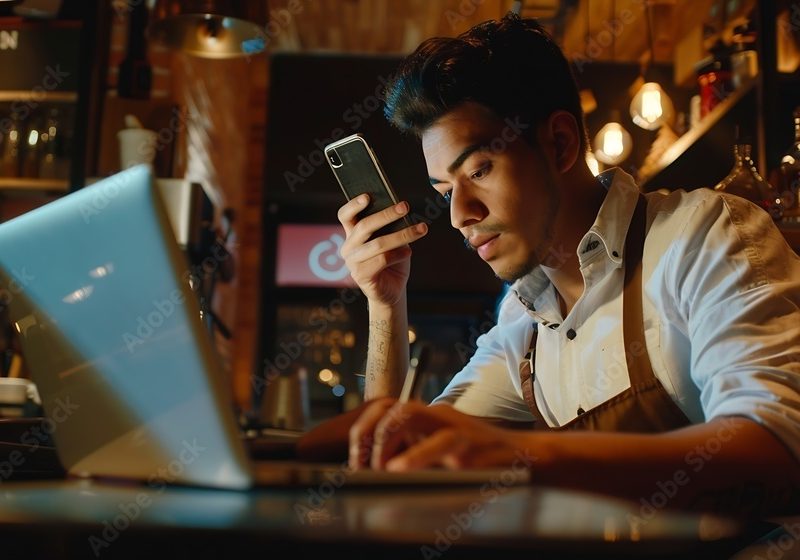 The image shows a young man working at a desk in a cozy, dimly-lit environment, possibly a café or a small workspace. He is wearing a white shirt and a brown apron, indicating that he may work in a hospitality or creative field. The man is holding a phone in one hand while typing on his laptop with the other, suggesting that he may be multitasking or focusing on different tasks. The background features warm lighting, creating a relaxed, productive atmosphere.